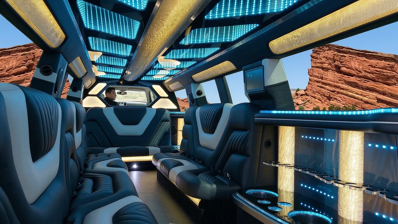 Inside the Mercedes GLS limo in Castle Rock: LED light-show ceiling, leather lounge seating and lit bar