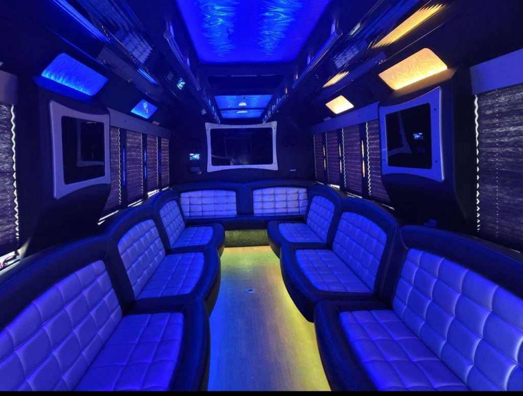Party bus interior with dance floor lighting