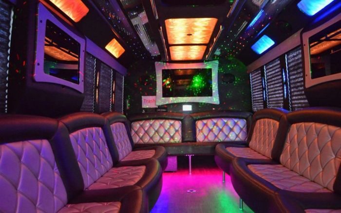 Party bus lounge with LED ceiling – Castle Rock party bus rental